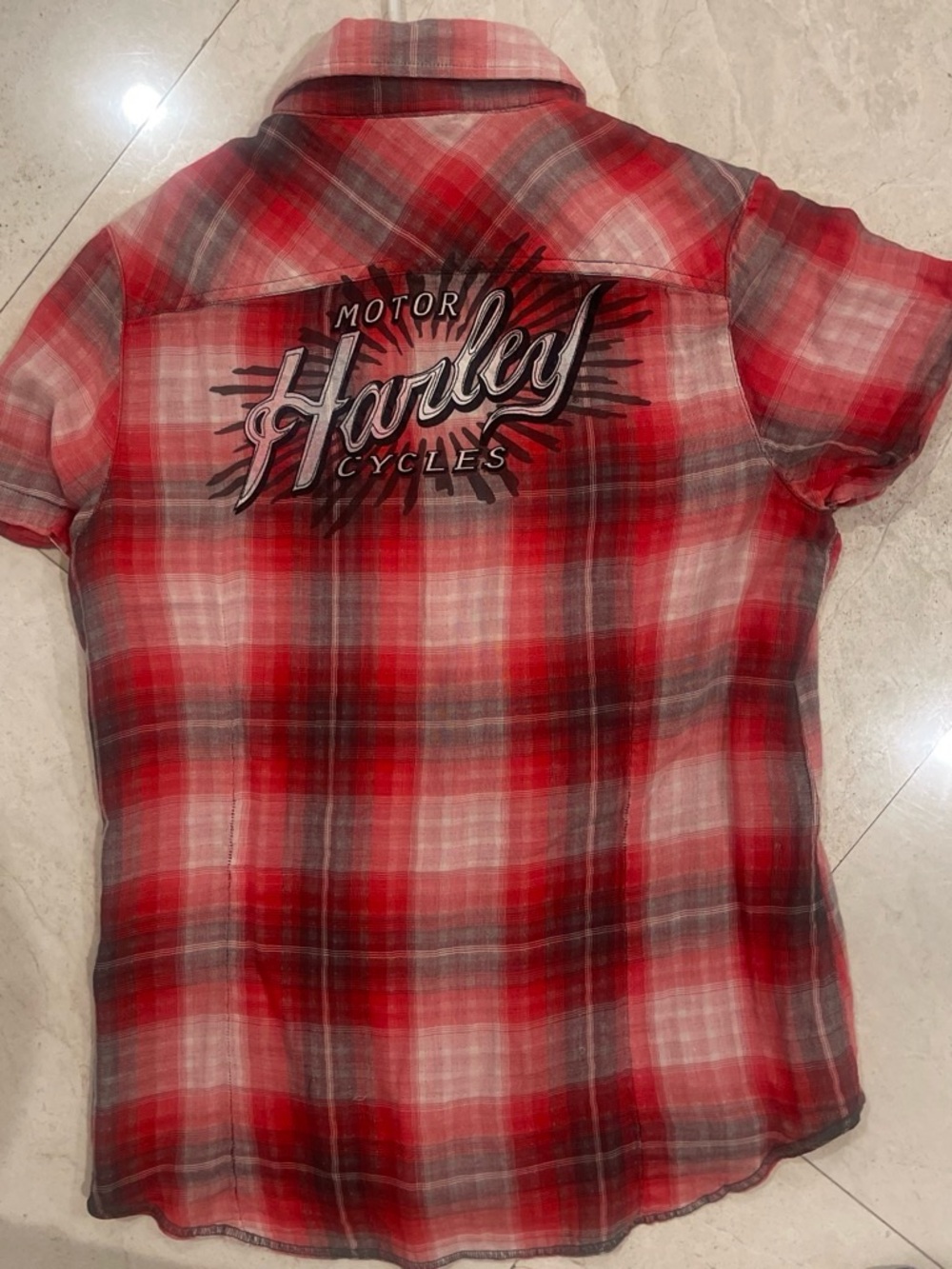 Harley-Davidson Red and Gray Plaid Short-Sleeve Button-Down Shirt